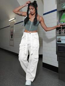 側翻蓋口袋工裝褲 - 白色 - 查看 6