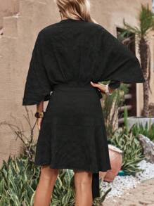 SHEIN LUNE 蝙蝠袖側打結圍裹式連衣裙 - 黑色 - 查看 2