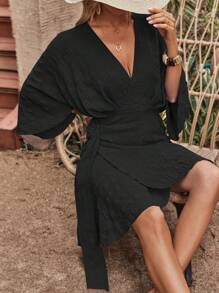 SHEIN LUNE 蝙蝠袖側打結圍裹式連衣裙 - 黑色 - 查看 5