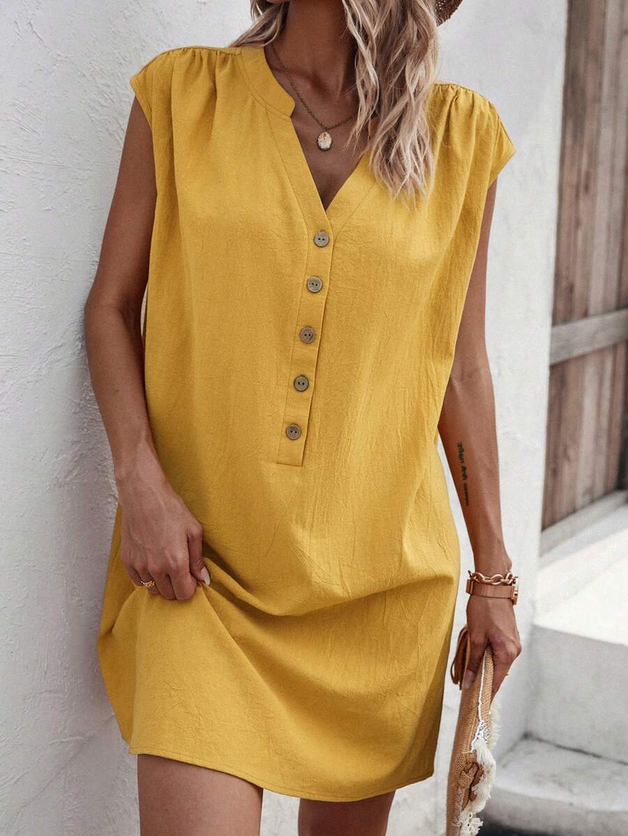 SHEIN LUNE Solid Button Front Dress - Yellow - View 1
