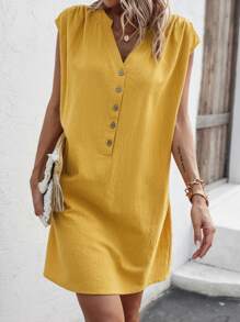 SHEIN LUNE Solid Button Front Dress - Yellow - View 4