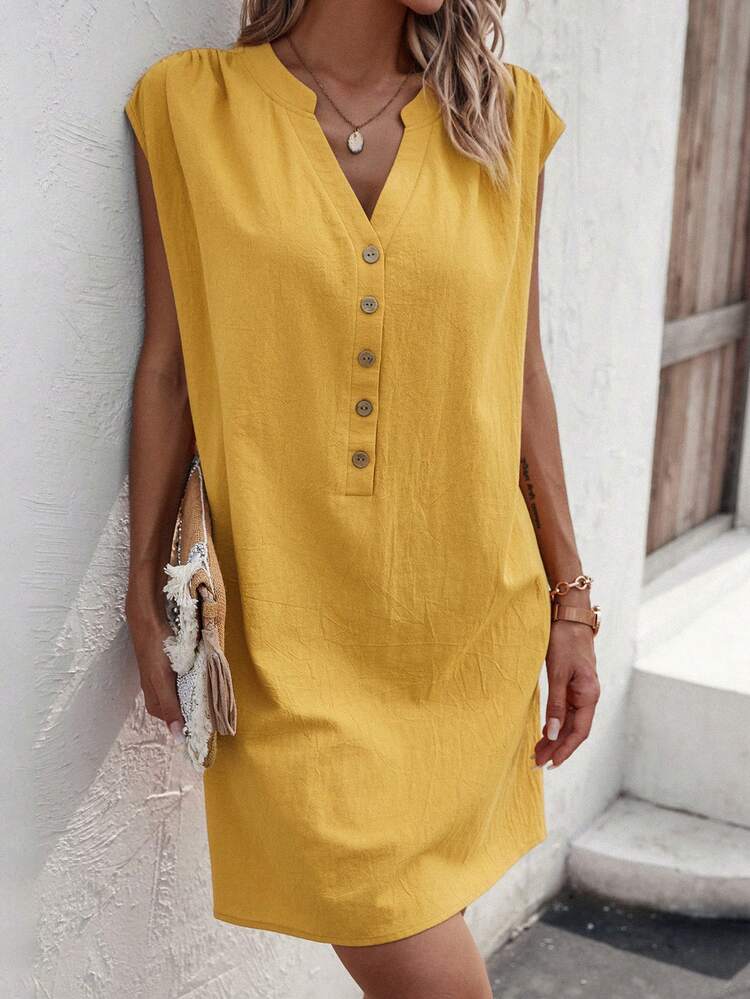 SHEIN LUNE 素色前紐扣連衣裙 - 黃色 - 查看 5
