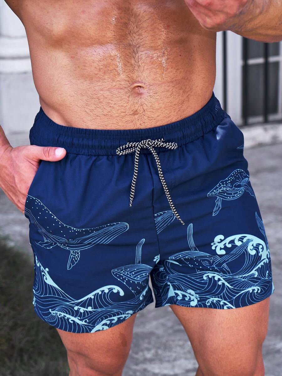 Manfinity Swimmode 男士波浪印花抽绳腰泳裤，夏威夷风 - 藏蓝色 - 查看 1