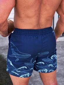 Manfinity Swimmode 男士波浪印花抽绳腰泳裤，夏威夷风 - 藏蓝色 - 查看 2