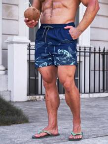 Manfinity Swimmode 男士波浪印花抽绳腰泳裤，夏威夷风 - 藏蓝色 - 查看 3