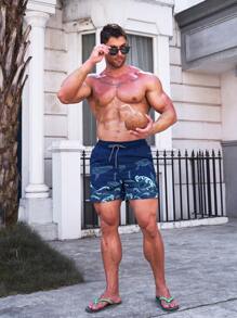 Manfinity Swimmode 男士波浪印花抽绳腰泳裤，夏威夷风 - 藏蓝色 - 查看 7