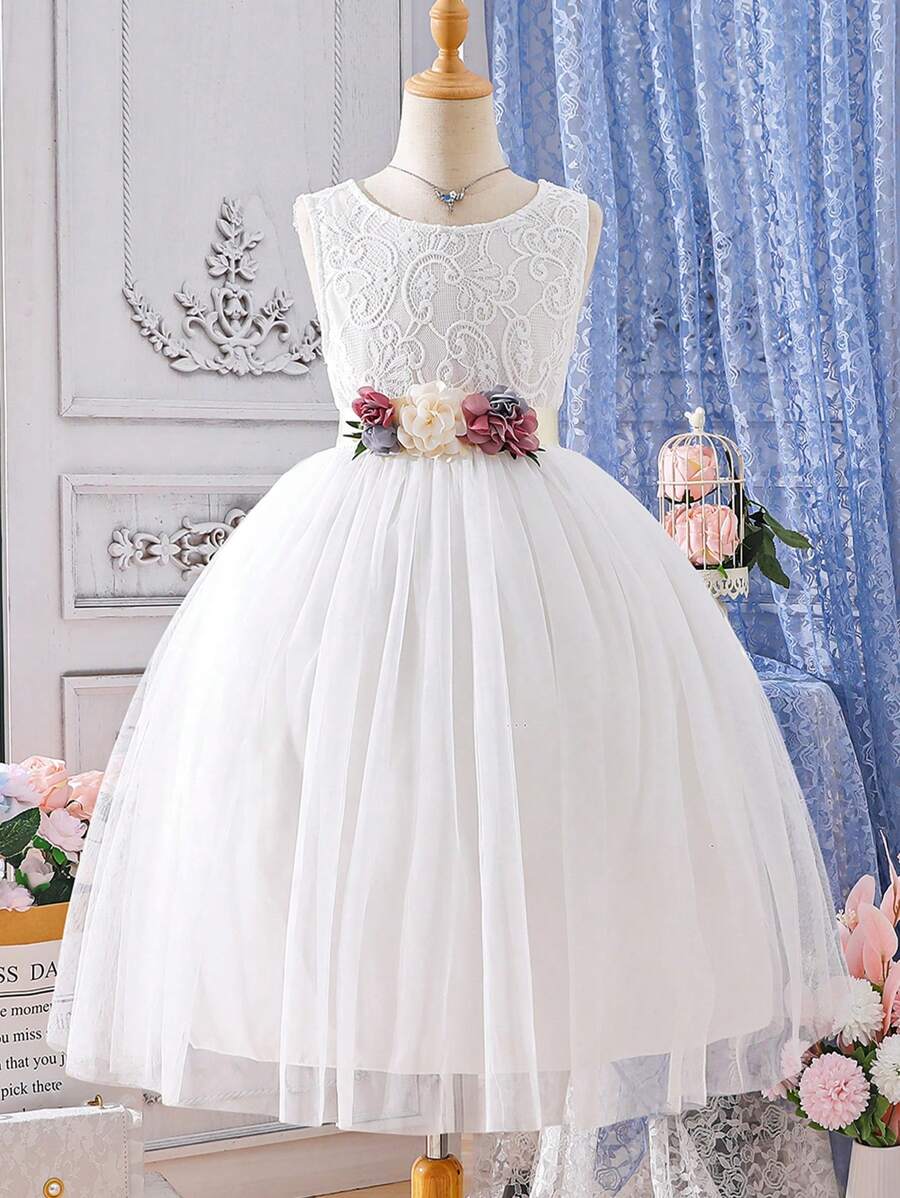 SHEIN Glamorique Kids Cô gái Tween Hoa âm thanh nổi Lưới Hem Ren Đầm - trắng - Xem 1