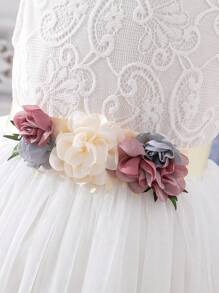 SHEIN Glamorique Kids Cô gái Tween Hoa âm thanh nổi Lưới Hem Ren Đầm - trắng - Xem 5