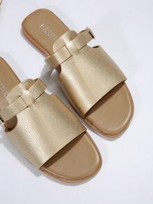 女士金色蛇圖案平底涼鞋 - 金色 - 查看 3