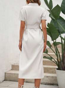 SHEIN Privé Lapel Collar Button Front Belted Dress - Khaki - View 2