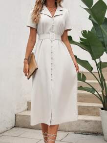 SHEIN Privé Lapel Collar Button Front Belted Dress - Khaki - View 3