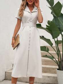 SHEIN Privé Lapel Collar Button Front Belted Dress - Khaki - View 4