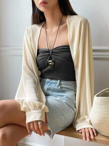 DAZY Chất rắn Mở Mặt trước Tay áo lồng đèn Áo ngắn - Màu be - Xem 3