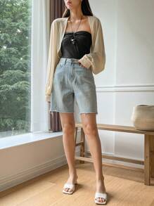 DAZY Chất rắn Mở Mặt trước Tay áo lồng đèn Áo ngắn - Màu be - Xem 4