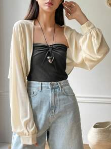 DAZY Chất rắn Mở Mặt trước Tay áo lồng đèn Áo ngắn - Màu be - Xem 6