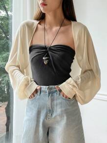 DAZY Chất rắn Mở Mặt trước Tay áo lồng đèn Áo ngắn - Màu be - Xem 7