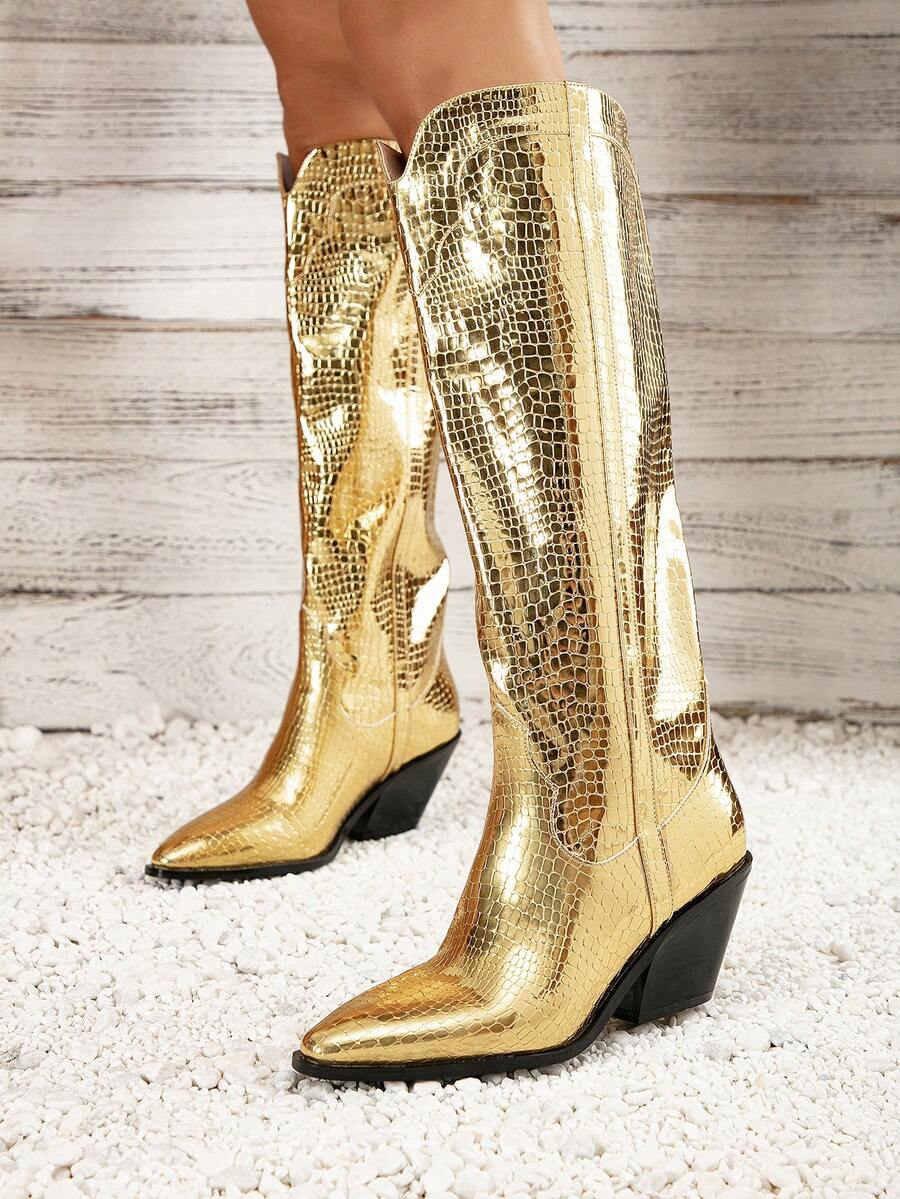 Metallic Snake Pattern Cool And Stylish Over-the-knee Boots - Gold - View 1