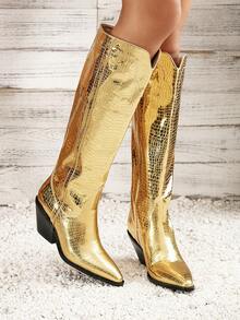 Metallic Snake Pattern Cool And Stylish Over-the-knee Boots - Gold - View 3
