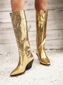 Metallic Snake Pattern Cool And Stylish Over-the-knee Boots - Gold - View 4