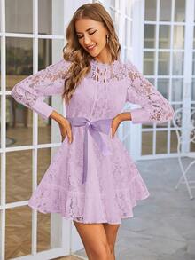 Simplee 女士优雅复古纯色蕾丝拼布腰部收腰迷你连衣裙，适合派对、婚礼嘉宾、毕业典礼、度假 - 紫丁香色 - 查看 4