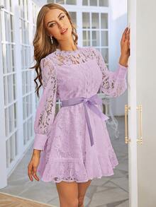 Simplee 女士优雅复古纯色蕾丝拼布腰部收腰迷你连衣裙，适合派对、婚礼嘉宾、毕业典礼、度假 - 紫丁香色 - 查看 5