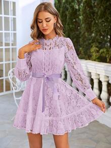 Simplee 女士优雅复古纯色蕾丝拼布腰部收腰迷你连衣裙，适合派对、婚礼嘉宾、毕业典礼、度假 - 紫丁香色 - 查看 7