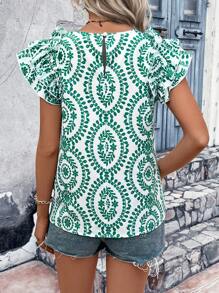 SHEIN VCAY Allover Print Butterfly Sleeve Blouse - Green - View 2