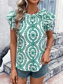 SHEIN VCAY Allover Print Butterfly Sleeve Blouse - Green - View 3