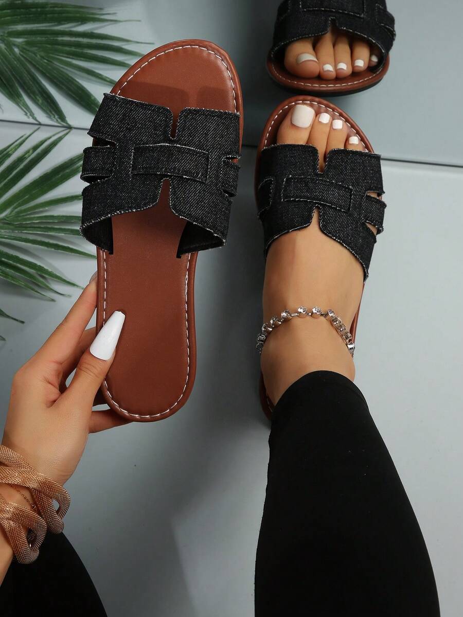 Châu Âu và Mỹ Plus Size Ladies' Cowboy Flat Thoải mái Dép - màu đen - Xem 1