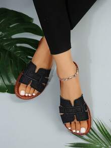 Châu Âu và Mỹ Plus Size Ladies' Cowboy Flat Thoải mái Dép - màu đen - Xem 2