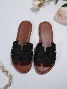 Châu Âu và Mỹ Plus Size Ladies' Cowboy Flat Thoải mái Dép - màu đen - Xem 5