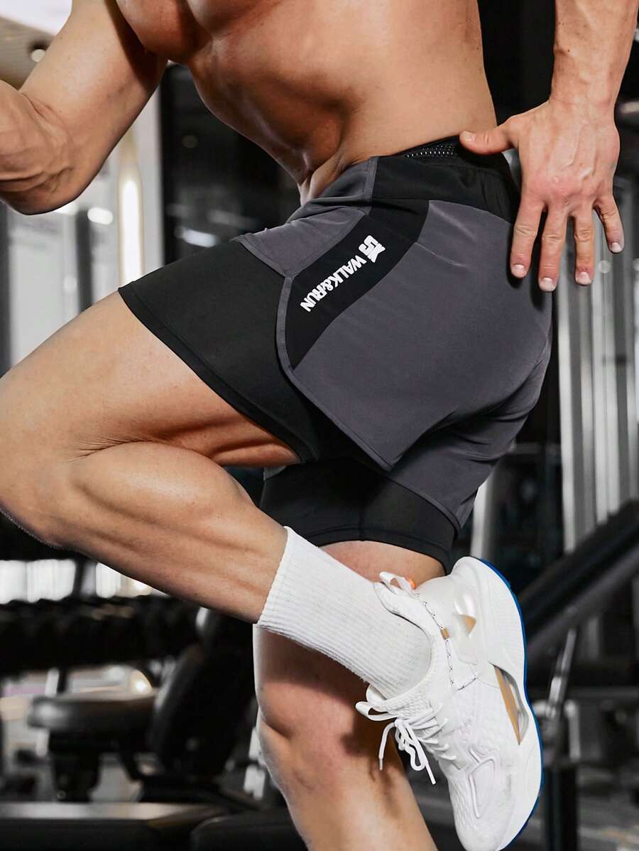 Manfinity Fitness 男士2合1字母圖形運動短褲，灰色運動短褲，健身短褲，慢跑短褲 - 灰色 - 查看 1
