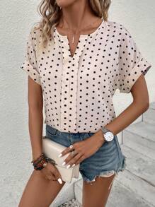 SHEIN LUNE Áo sơ mi nữ Chấm bi Giải trí - Màu be - Xem 4