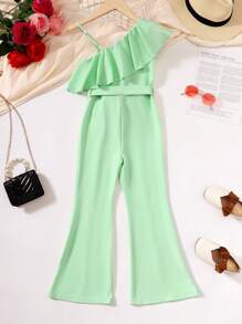 SHEIN 女孩不對稱領荷葉邊喇叭腰帶喇叭褲 - 綠色 - 查看 2