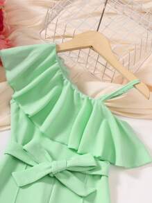 SHEIN 女孩不對稱領荷葉邊喇叭腰帶喇叭褲 - 綠色 - 查看 4