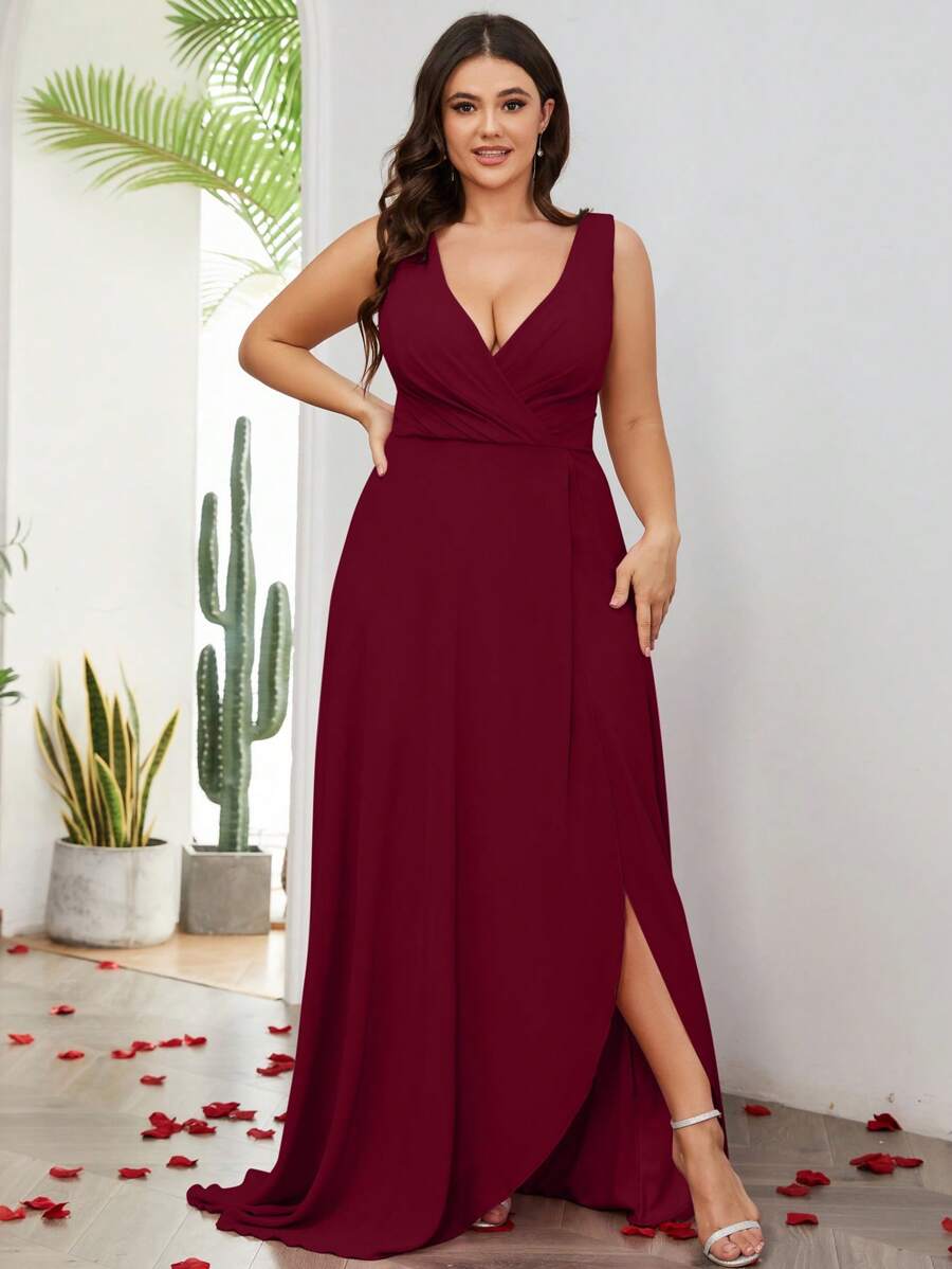 Plus Size Solid Color Deep V-Neck Wrap Bridesmaid Dress - Burgundy - View 1
