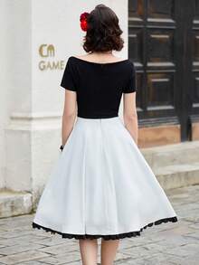 MUXXN 雙色胸部褶皺連衣裙 - 黑與白 - 查看 2