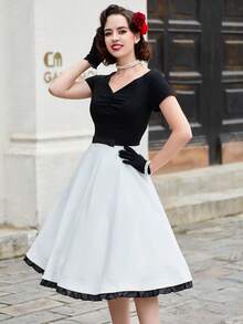 MUXXN 雙色胸部褶皺連衣裙 - 黑與白 - 查看 4