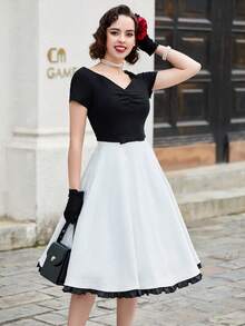 MUXXN 雙色胸部褶皺連衣裙 - 黑與白 - 查看 5