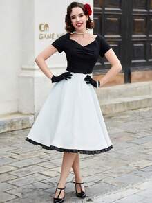 MUXXN 雙色胸部褶皺連衣裙 - 黑與白 - 查看 7