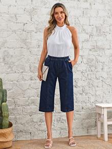 EMERY ROSE Elastic Waist Capris Jeans - Dark Wash - View 5