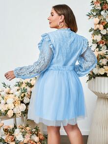 Simplee Đầm Plus Size Tương phản ren Xù màu trơn Thanh lịch - Màu xanh lam - Xem 2