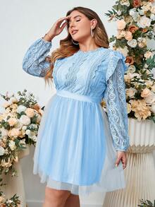 Simplee Đầm Plus Size Tương phản ren Xù màu trơn Thanh lịch - Màu xanh lam - Xem 4