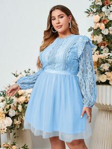 Simplee Đầm Plus Size Tương phản ren Xù màu trơn Thanh lịch - Màu xanh lam - Xem 5