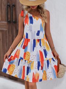 SHEIN VCAY 滿版印花單肩荷葉邊打結細節連衣裙 - 彩色 - 查看 1