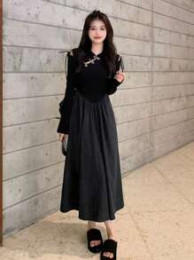 Đầm Thắt nút màu trơn Giải trí - màu đen - Xem 1