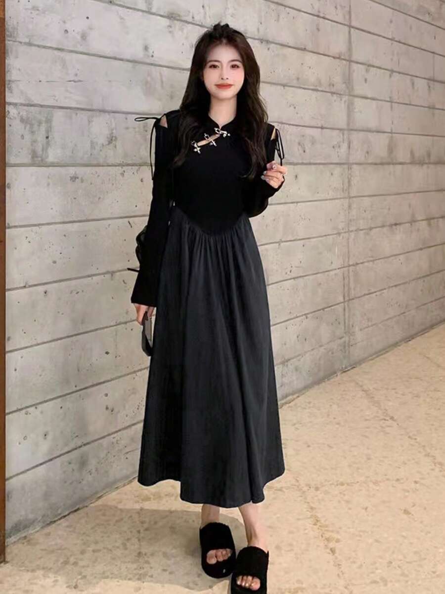 Đầm Thắt nút màu trơn Giải trí - màu đen - Xem 1