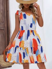 SHEIN VCAY 滿版印花單肩荷葉邊打結細節連衣裙 - 彩色 - 查看 3