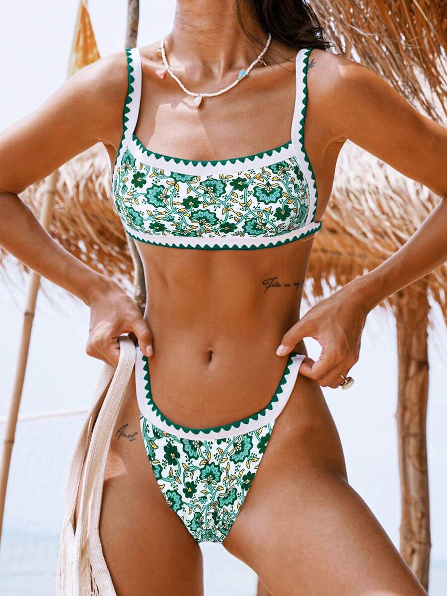 Floral Print Whip Stitch Summer Beach Bikini Set - Multicolor - View 1