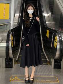 Đầm Thắt nút màu trơn Giải trí - màu đen - Xem 4